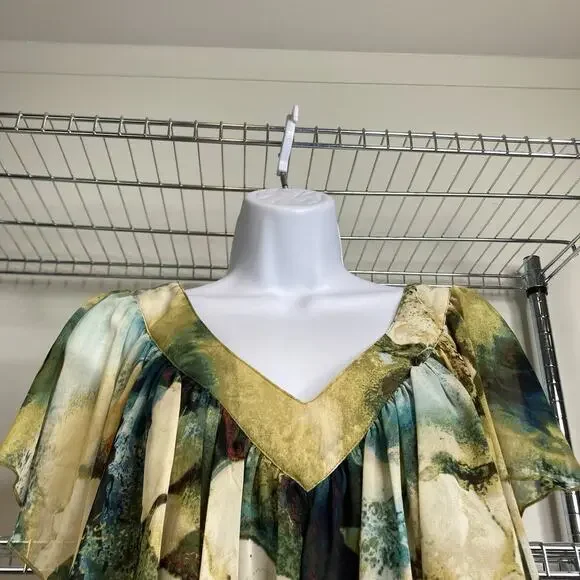 Sunny Leigh Women's Green Yellow Watercolors Blouse Size L Boho Art To Wear - Picture 12 of 13